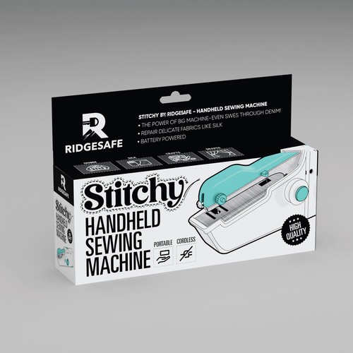 3D packaging with the title 'STITCHY Handheld Sewing Machine Box for Ridgesafe'