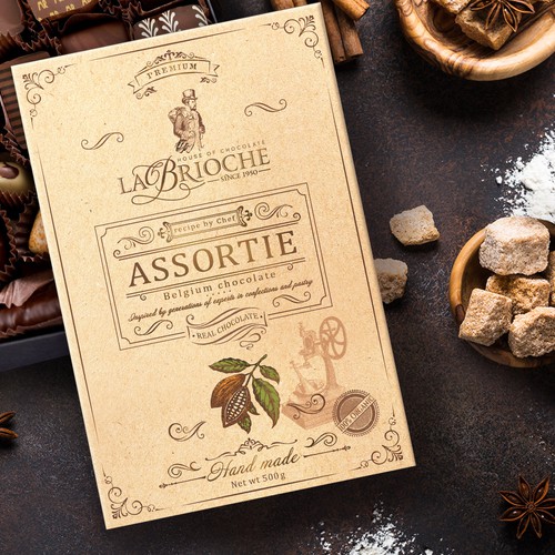 Handmade packaging with the title 'LaBrioche hand-made chocolate packaging design'