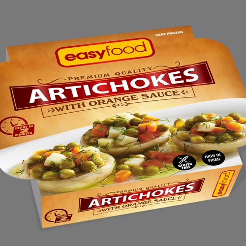 Orange packaging with the title 'PACKAGING ARTICHOKES EASY FOOD'