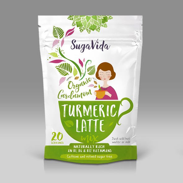 Cup packaging with the title 'New range of healthy turmeric latte'