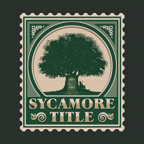 Ticket design with the title 'Sycamore Title Postage Style Logo'