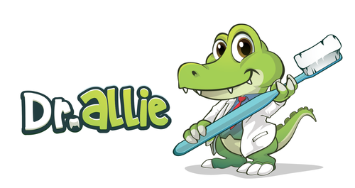 Character artwork with the title 'Looking For a Fun Alligator Mascot for Dr. Allie Toothbrushes'