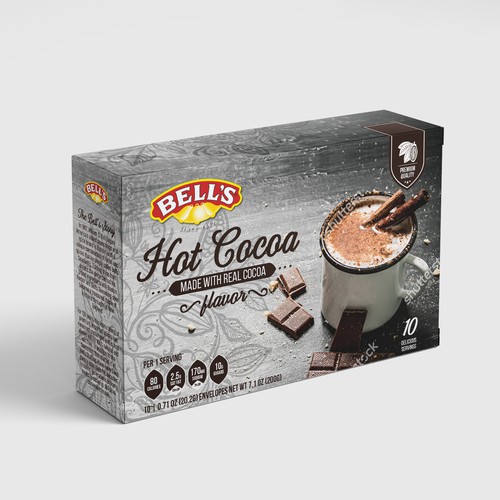 Cacao packaging with the title 'Bell's - Hot Cocoa'