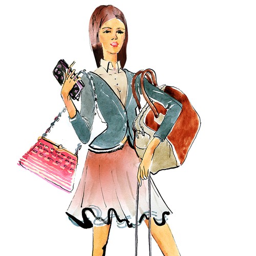 Watercolor artwork with the title 'Illustration of a fashion orientated female who loves her handbags..'