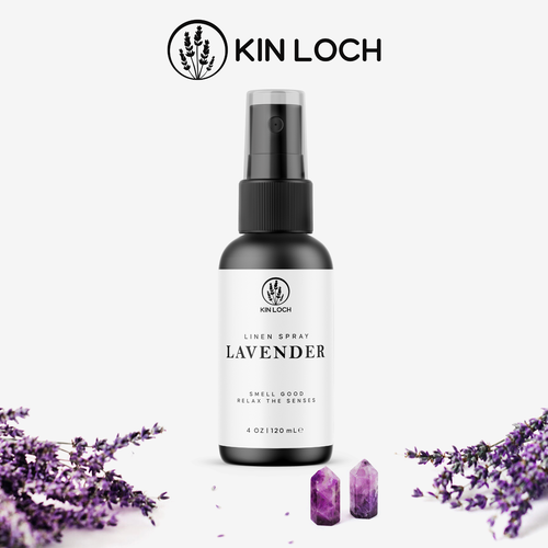 Black and white label with the title 'Lavender Linen Spray Modern Label Design'