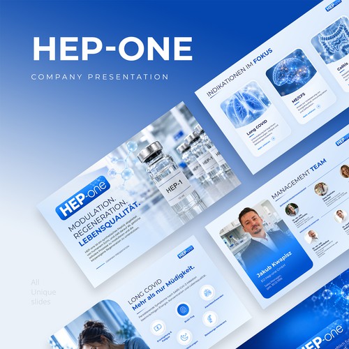 Biotech design with the title 'HEP-one Company Presentation'