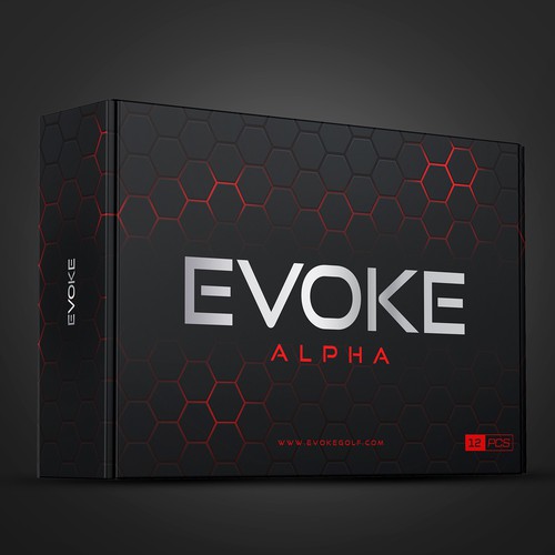 Black packaging with the title 'EVOKE BOX OF GOLF BALLS'