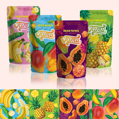 Vibrant design with the title 'Packaging Design for Dried Fruits collection'