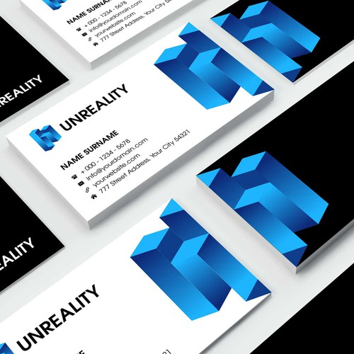 Blue and black design with the title 'Logo and business card for an Augmented & Virtual Reality startup'