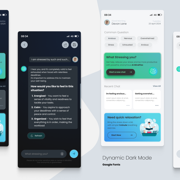 UI design with the title 'AI Assist Stress relieve APP'