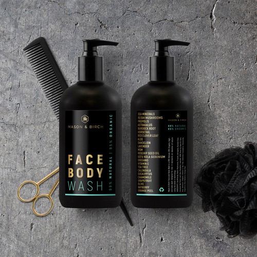 Masculine packaging with the title 'All-Natural Men's Body Wash'