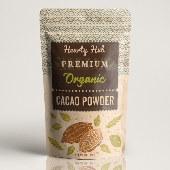 Premium packaging with the title 'Premium organic cacao powder'