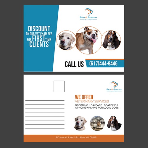 Pet shop design with the title 'Dog care service postcard to advertise veterinary clinic'