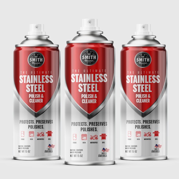 Red label with the title 'Aerosol can label for a stainless steel polish and cleaner'