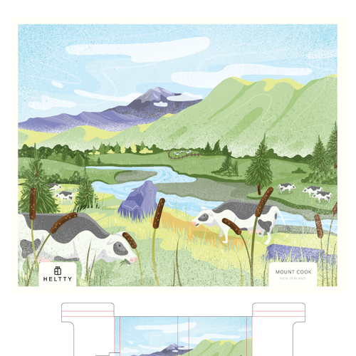 Landscape illustration with the title 'Heltty - Packaging Illustration'