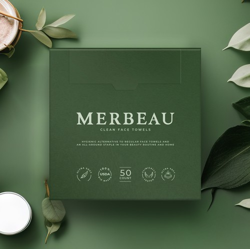 Green packaging with the title 'MERBEAU | Box design'
