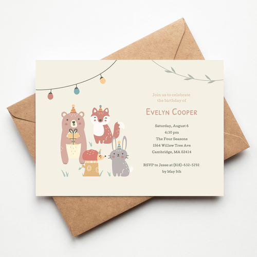Cute animal design with the title 'Whimsical forest birthday party invitation '