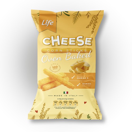 Chips packaging with the title 'Oven Baked Cheese Corn Sticks'