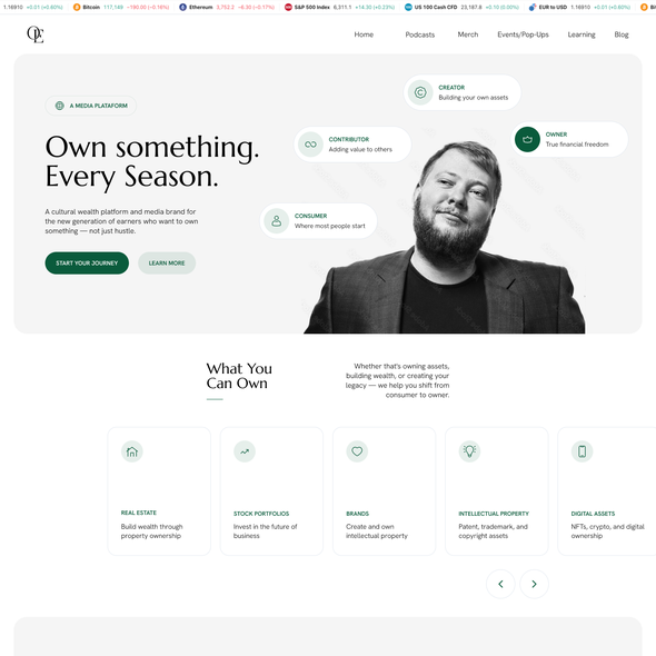 Editorial design with the title 'Owner Era — Cultural Wealth Platform Website'