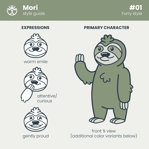 Sloth design with the title 'Calm, friendly sloth mascot for life story journaling app'