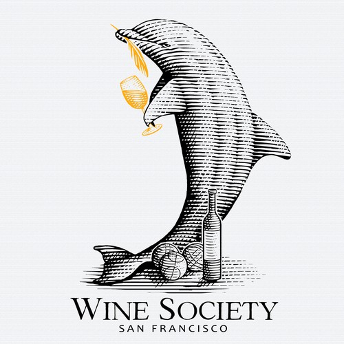 Dolphin design with the title 'Logo concept for a Wine Society.'