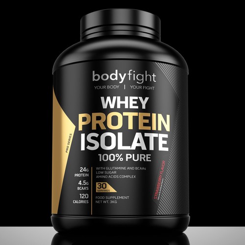 3D label with the title 'Body Fight Whey Protein label'