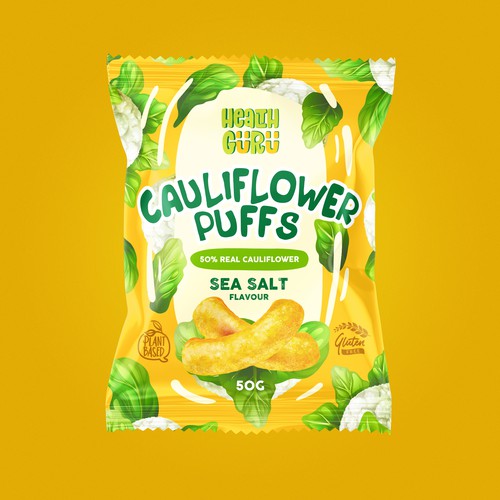 Green packaging with the title 'cauliflower puffs'