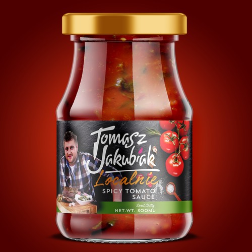 Sauce label with the title 'Packaging Design for Tomasz Jakubiak'