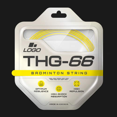 Sport packaging with the title 'Modern and futuristic design for badminton strings'