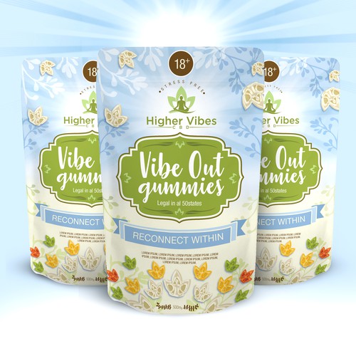 Stand-up pouch packaging with the title 'Packaging design for Vibe Out Gummies'