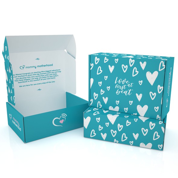 Subscription box packaging with the title 'PRODUCT PACKAGING FOR MOMMY MOTHERHOOD'