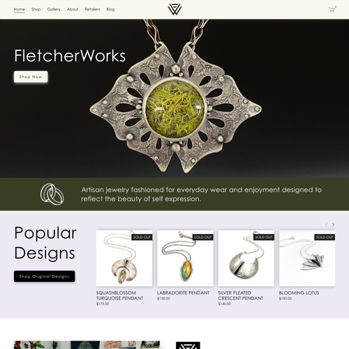 Ecommerce design with the title 'FletcherWorks Artisanal Jewelry Ecommerce'