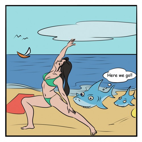 鲨鱼作品的标题“有趣的漫画,母亲和婴儿鲨鱼吃beachwoman”