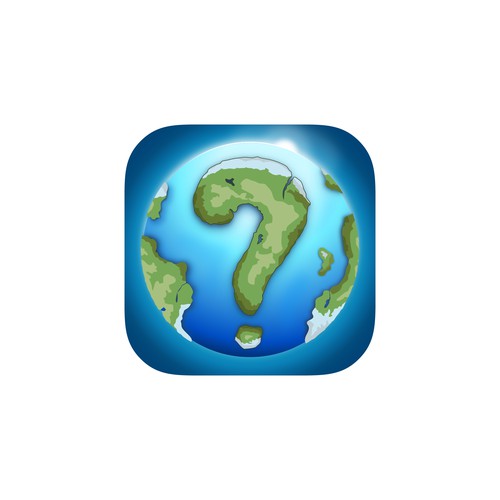 IOS design with the title 'App icon for mobile game: POW (Parts of our world), a trivia quiz type of game, based on questions related to the culture of travel as well as all the themes which surround it such as geography, and tourism.'