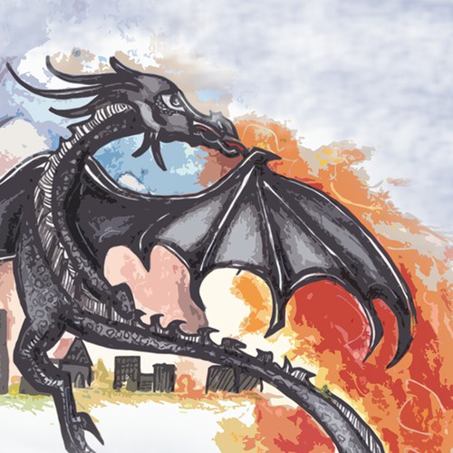 Dragon artwork with the title 'A Dragon's Tale- Childrens book -Competition 1 front cover and 2 illustrated pages with opportunity for One-to-one work'