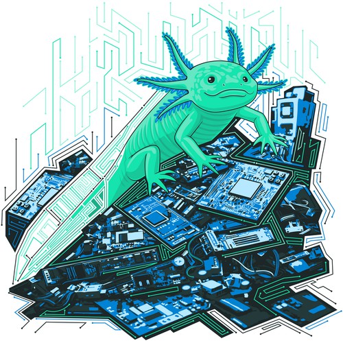 Design with the title 'Cyber Axolotl: Tech & Hardware Mascot'