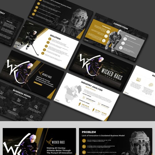 Slide design with the title 'Wicked Rags Hockey Patented Performance Undergarment Pitch Deck'