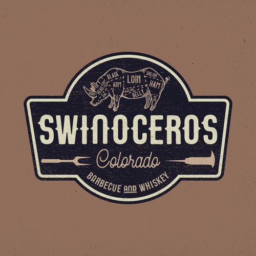 Americana logo with the title 'Swinoceros — Vintage BBQ & Whiskey Logo'