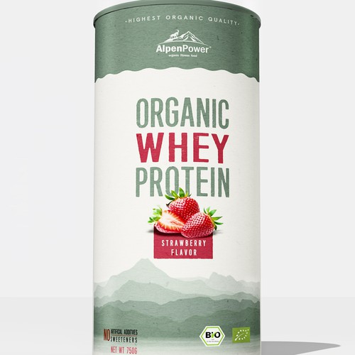 Strawberry packaging with the title 'Whey protein packaging design'