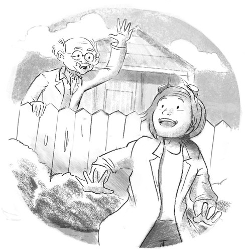 Pencil artwork with the title 'Professor Faraday and the Girl'