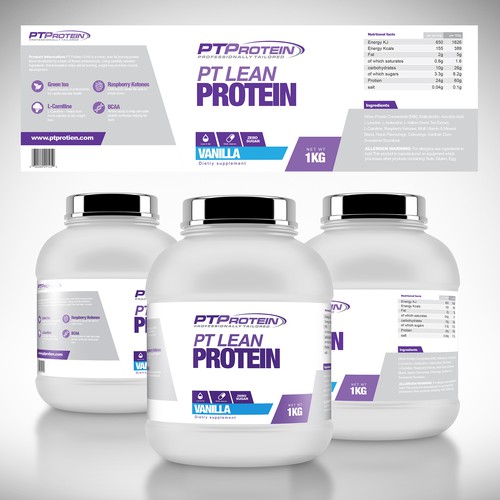 Supplement label with the title 'PT PROTEIN SUPPLEMENT RANGE'