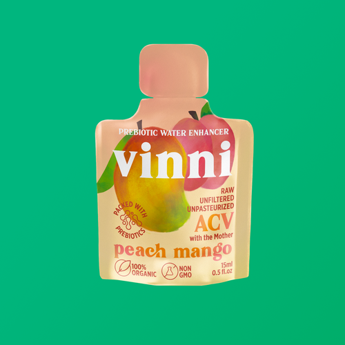 Retro packaging with the title 'Vibrant, Hand-Drawn Fruit Illustrations for ACV Sachet Design'