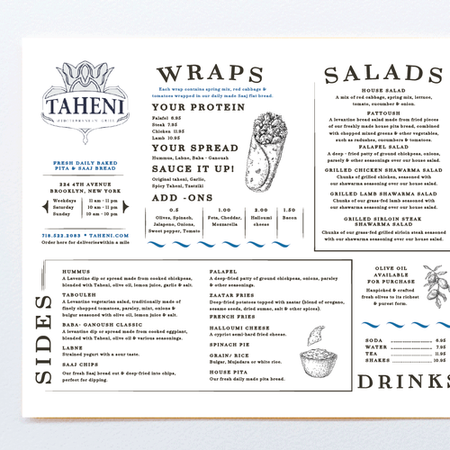 Mediterranean design with the title 'Menu Design For Taheni Mediterranean Grill'