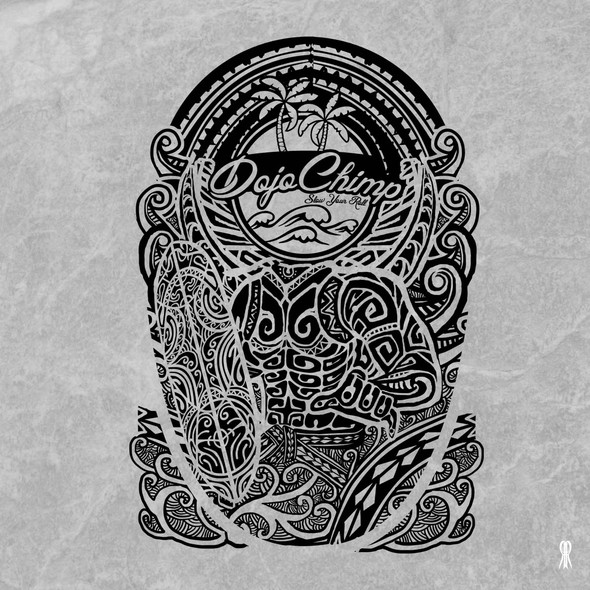 Black and white t-shirt with the title 'a Polynesian shield for DojoChimp'