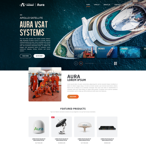 Satellite design with the title 'Apollo Satellite - Aura VSAT Systems Landing page design'