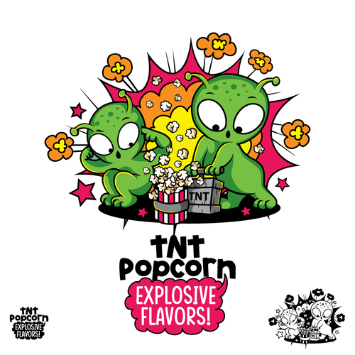 Pen logo with the title 'TNT Popcorn - "Explosive Flavors"'