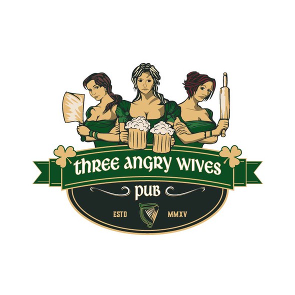 Irish pub design with the title 'Three Angry Wives'