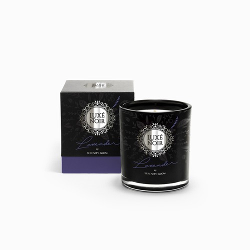 Black packaging with the title 'Luxé Noir Candle Packaging'
