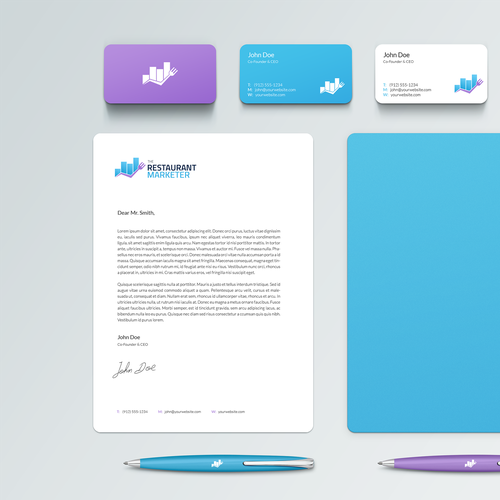 White and blue design with the title 'Logo Concept for Restaurant Marketer'