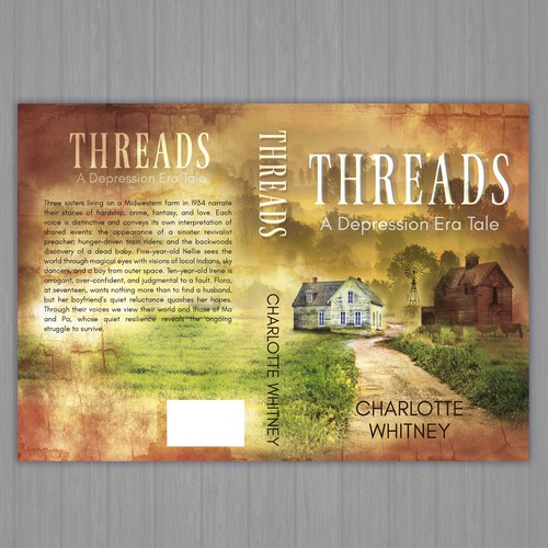 Old book cover with the title 'THREADS A Depression Era Tale by Charlotte Whitney'